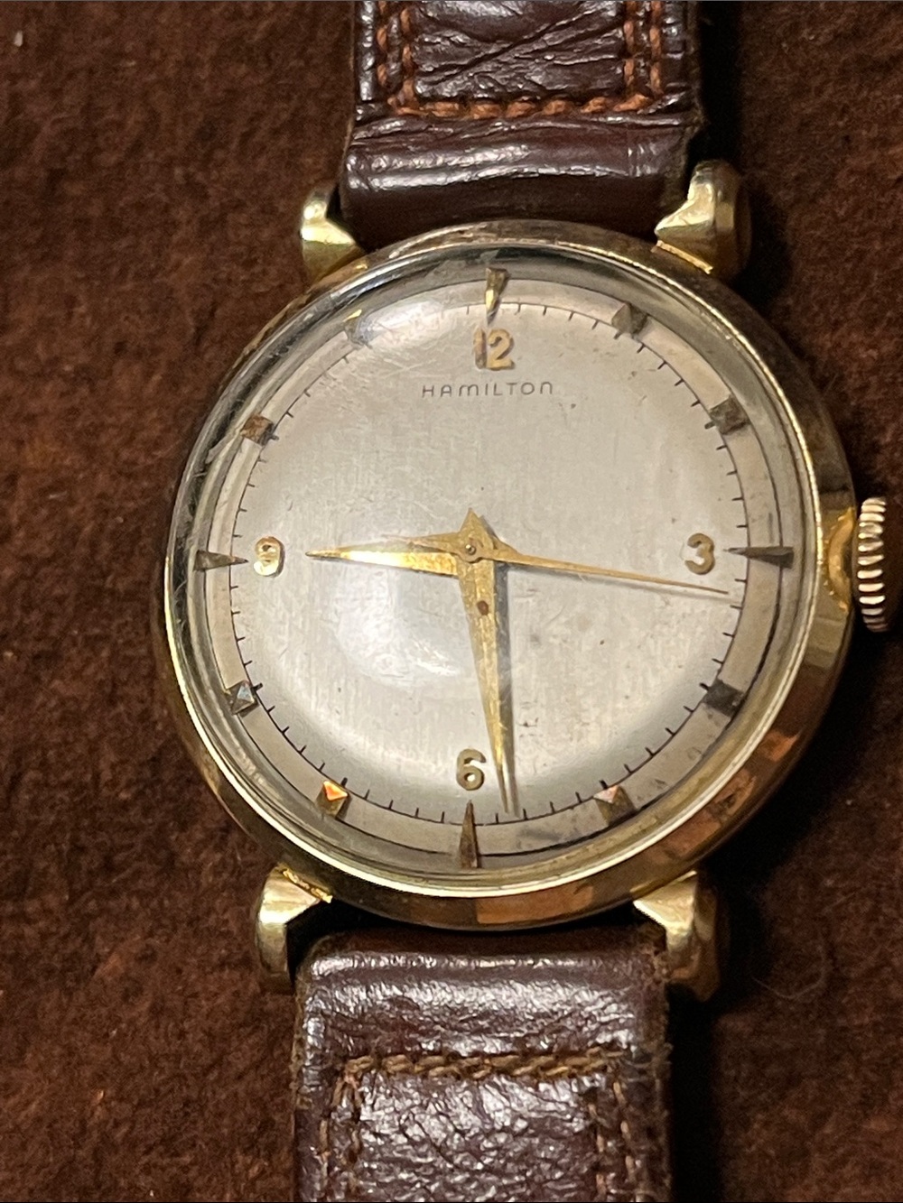 Hamilton Gold-Tone Watch with Silver Dial and Brown Leather Strap